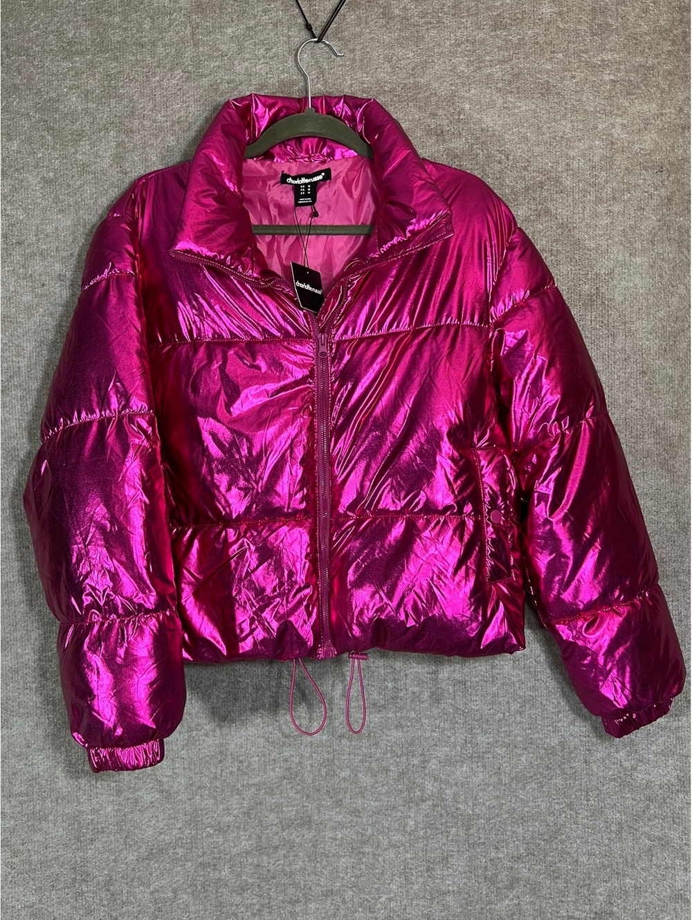 NWT Charlotte Russe Metallic Pink Puffer Jacket Women M Y2K Shiny Fuchsia